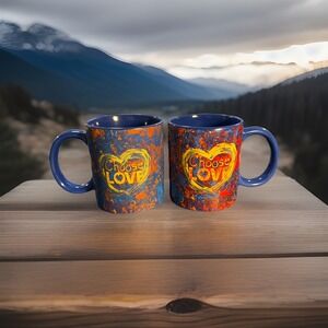 Set of 2 Penzey's Spices "Choose LOVE" 12oz Blue Ceramic Coffee Cups Pre-owned